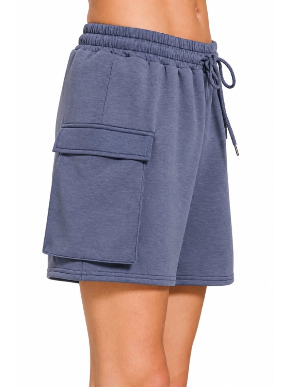 Zenana Scuba Cargo Shorts Blue Gray Drawstring High Rise Thigh Pockets S L - Picture 2 of 3